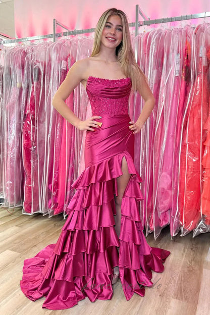 Pink Strapless Applique Ruffle Mermaid Prom Dress with Slit