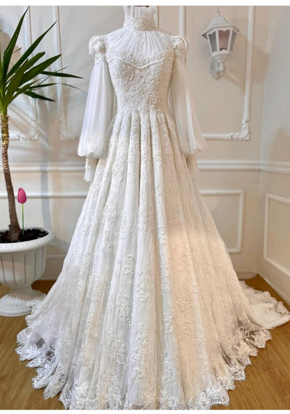 Vintage Leg-of-Mutton Sleeve Lace Tulle Train Gown | Edwardian Style High-Neck Ballgown Maxi Dress for Wedding Bridal Gala Ball gh6409