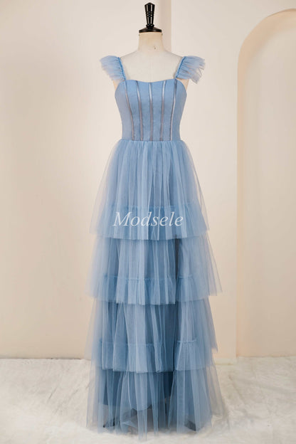 Smoky Blue Tiered A-Line Long Prom Dress with Flutter Sleeves