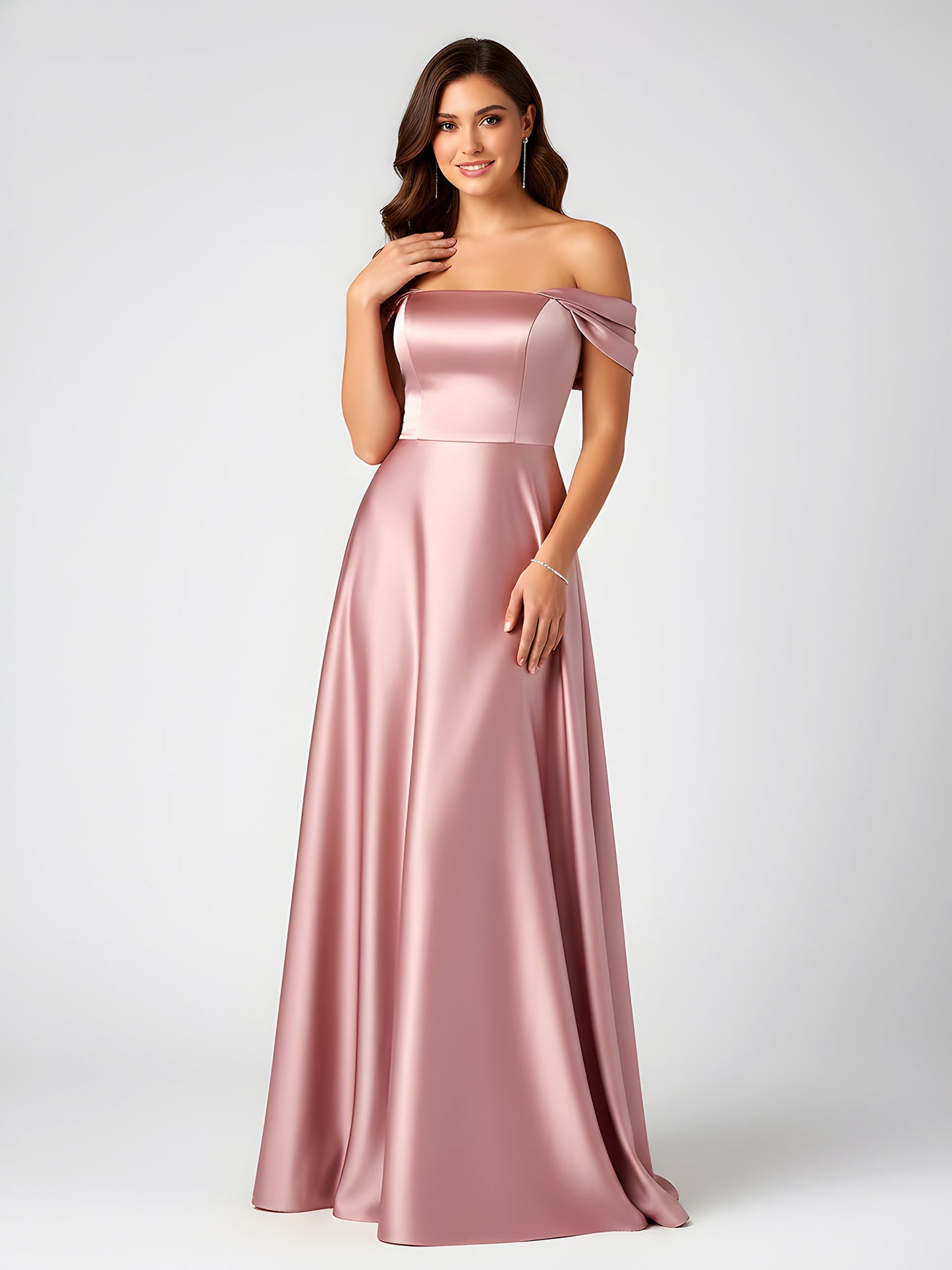 Off-Shoulder Folded Sleeve A-Line Satin Gown Dusty Rose