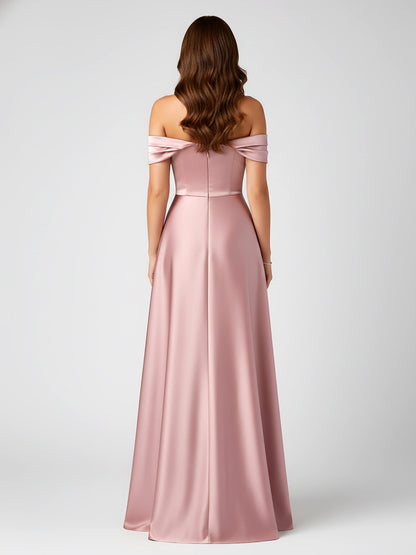 Off-Shoulder Folded Sleeve A-Line Satin Gown Dusty Rose