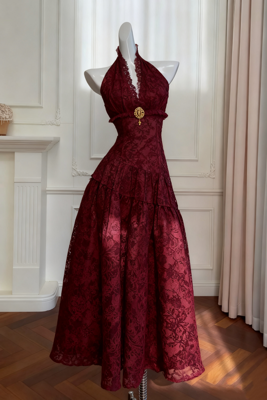 girlhomeshops-Vintage Lace Jacquard Halter Evening Dress, Long Sleeveless Elegant Party Gown gh5902