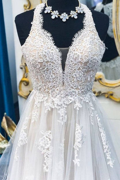 Long Illusion V-Neck A-line Halter Ivory Wedding Dress with Lace