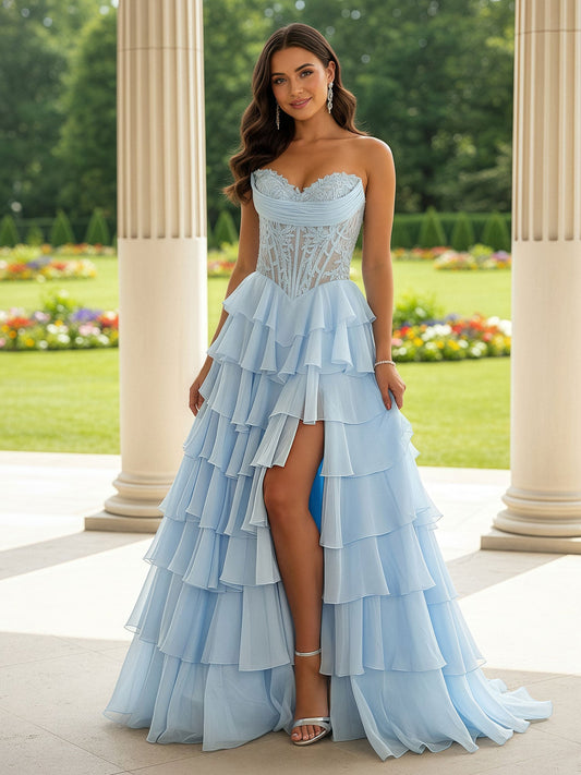 Lace Sweetheart Corset A-Line Tiered Dress With Slit Sky Blue
