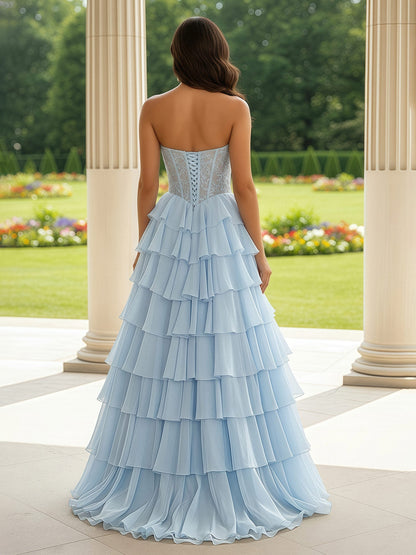 Lace Sweetheart Corset A-Line Tiered Dress With Slit Sky Blue