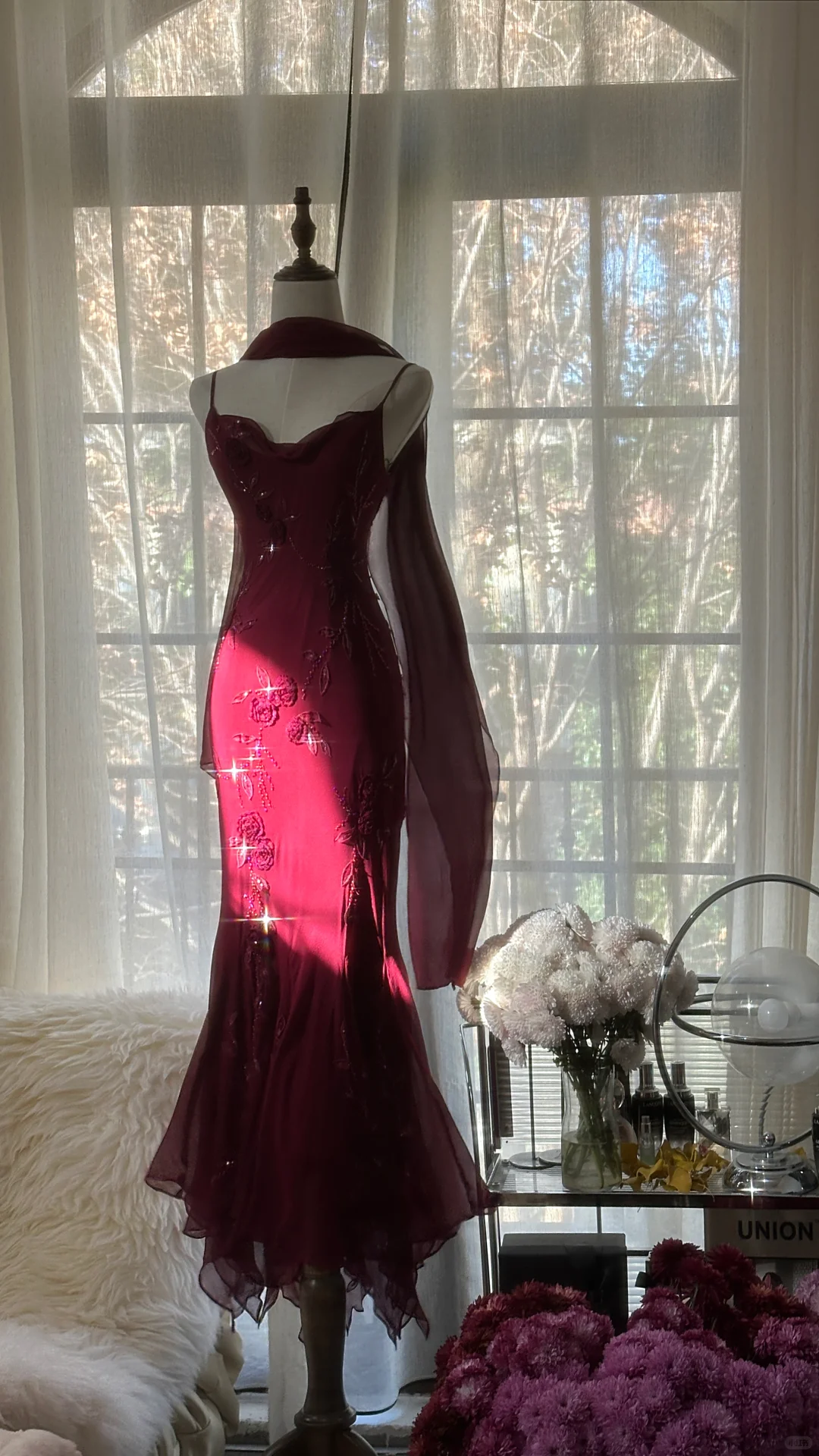 Elegant Burgundy Spaghetti Strap Gorgeous Beaded Sparkling Chiffon Evening Dress Prom Dres HZ1024