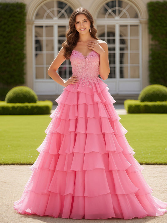 Sweetheart Applique Corset Tiered Chiffon Ball Gown Pink