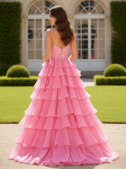 Sweetheart Applique Corset Tiered Chiffon Ball Gown Pink