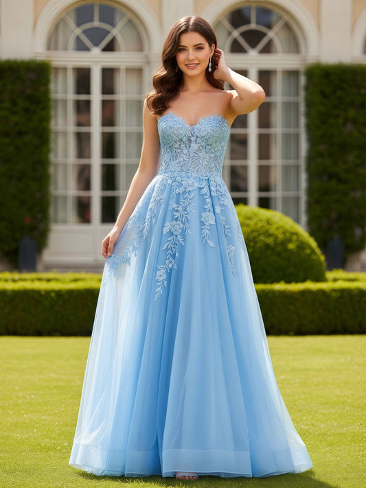 Sweetheart Applique Corset A-Line Tulle Long Dress Sky Blue