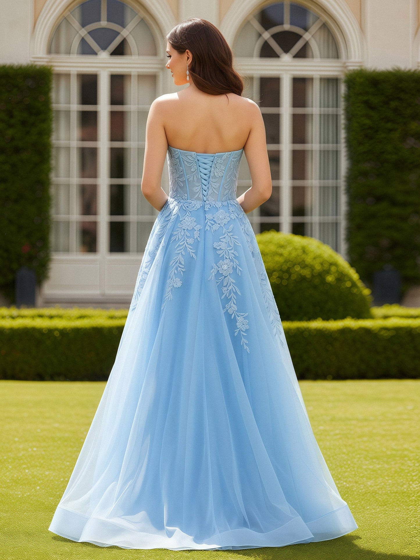 Sweetheart Applique Corset A-Line Tulle Long Dress Sky Blue