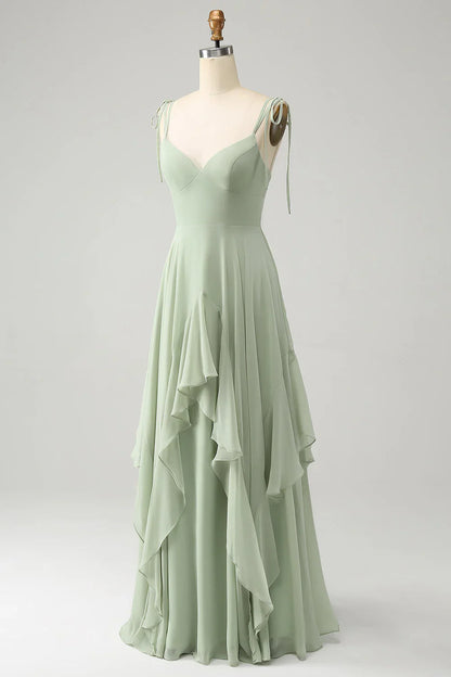 Matcha A-line thin shoulder strap ruffled chiffon long bridesmaid dress