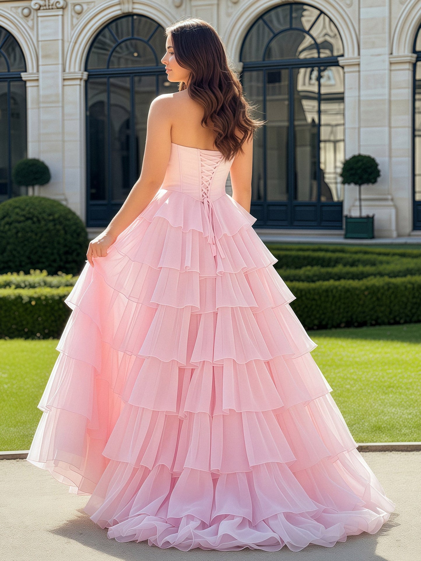 A-Line Beaded Sweetheart Neck Tiered Chiffon Dress Blushing Pink