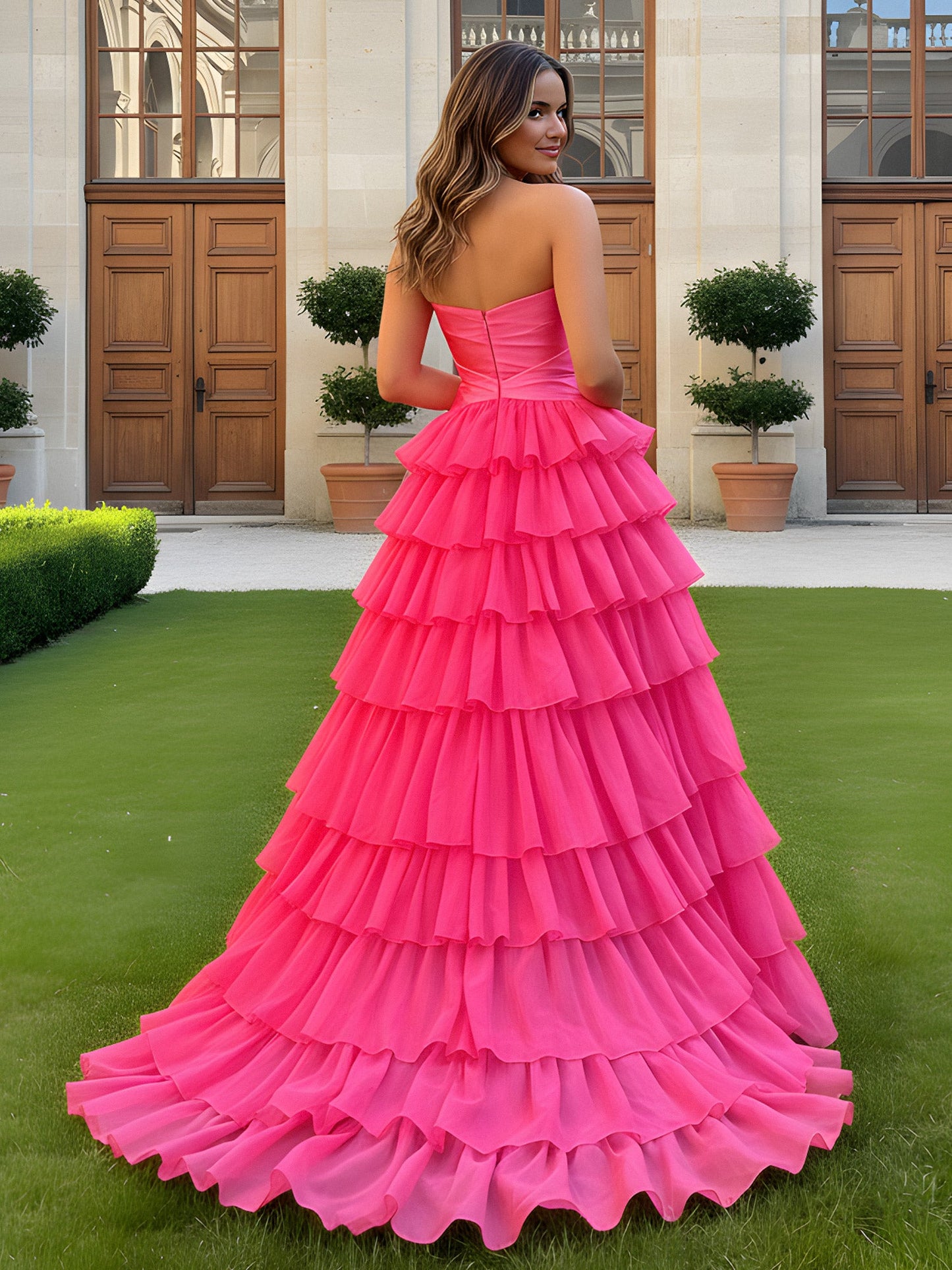 Sweetheart Neck Cutout A-Line Tiered Dress With Slit Fuchsia