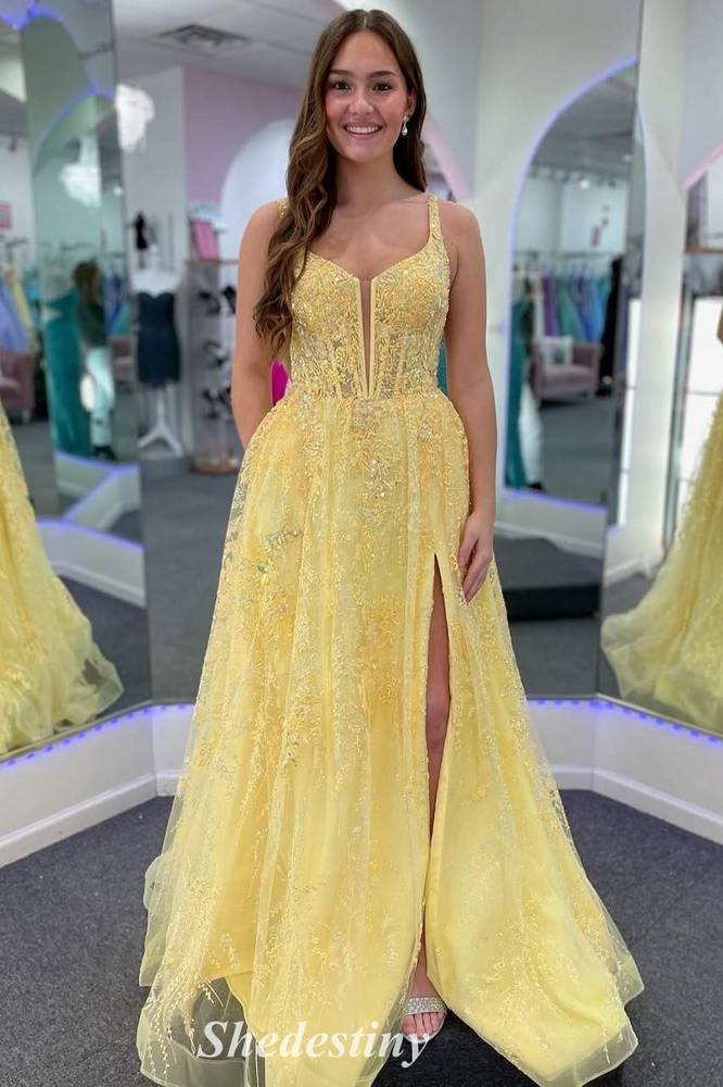 Lace-Up Yellow Sequin Applique V-Neck Prom Dress with Slit