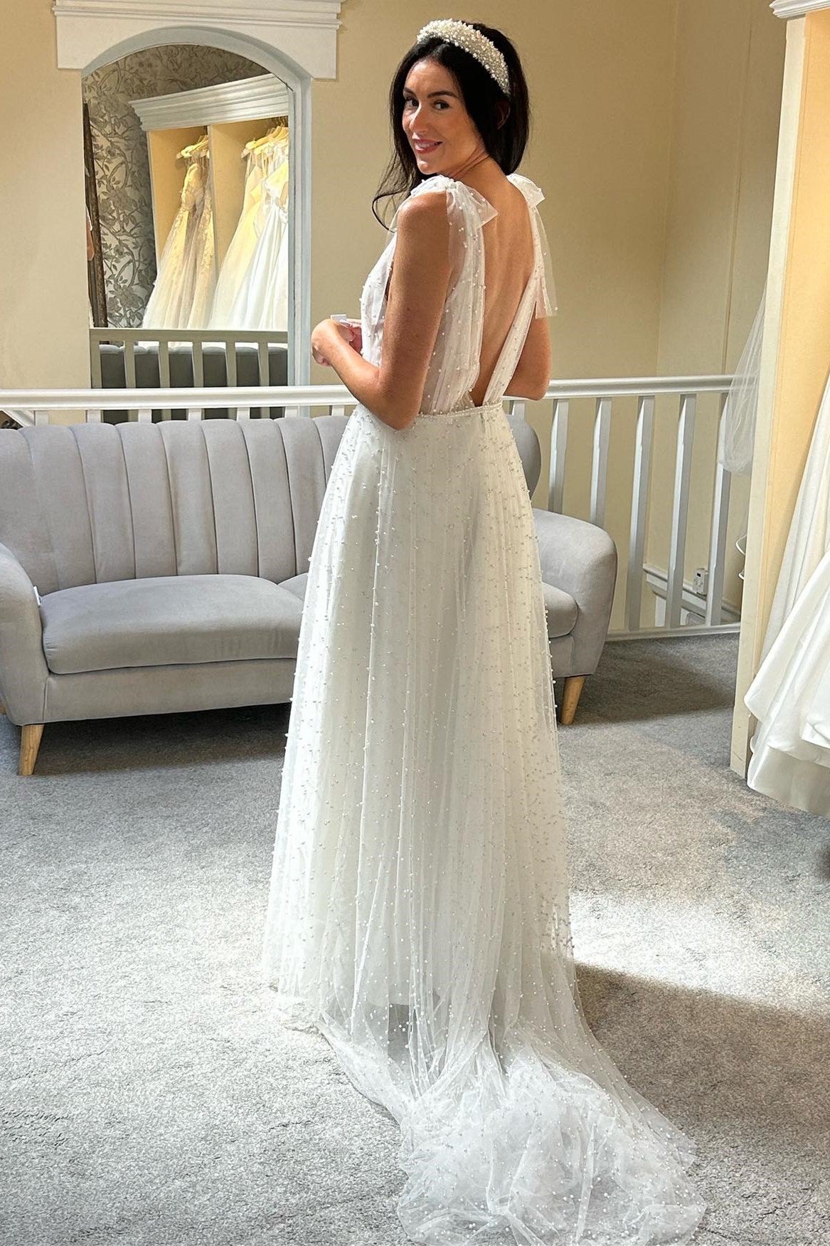 White Tulle Pearls Bow Strap A-Line Bridal Gown