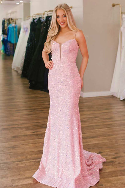 Blue Sequin Split Neck Mermaid Long Prom Dress