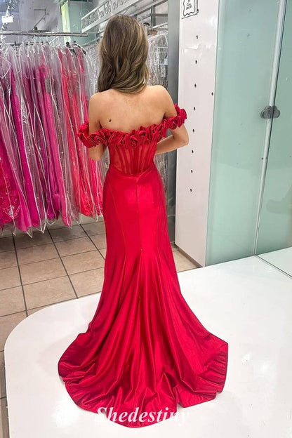 Ruffle Off the Shoulder Red Mermaid Fishbone Corset Prom Dress