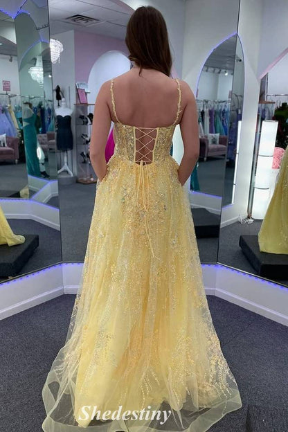 Lace-Up Yellow Sequin Applique V-Neck Prom Dress with Slit