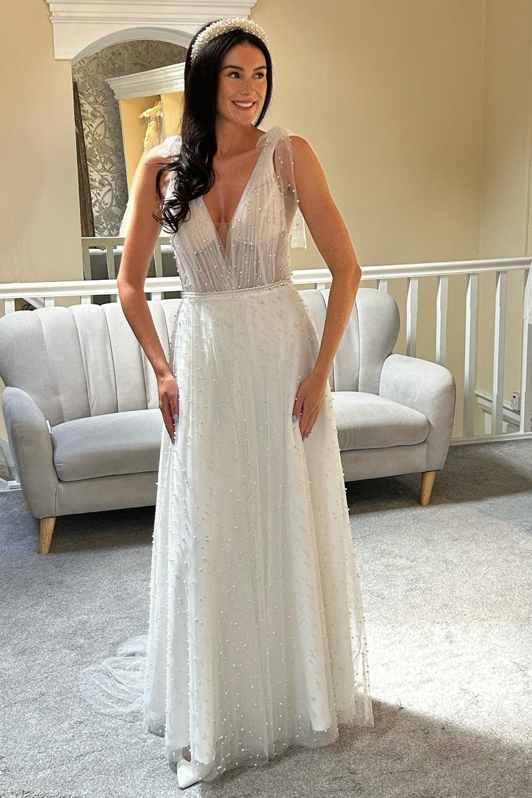 White Tulle Pearls Bow Strap A-Line Bridal Gown