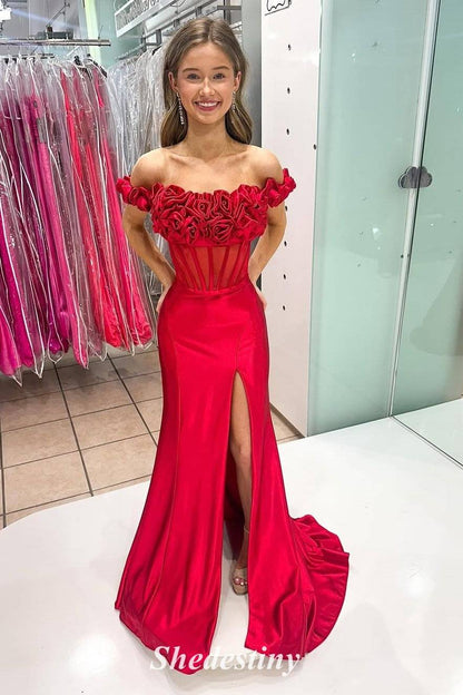 Ruffle Off the Shoulder Red Mermaid Fishbone Corset Prom Dress