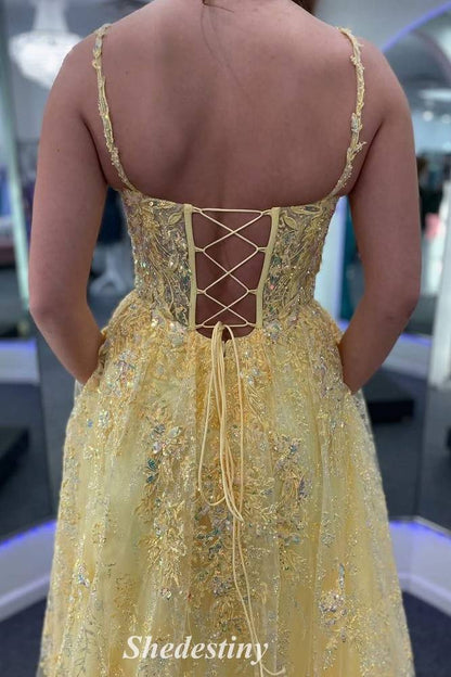 Lace-Up Yellow Sequin Applique V-Neck Prom Dress with Slit