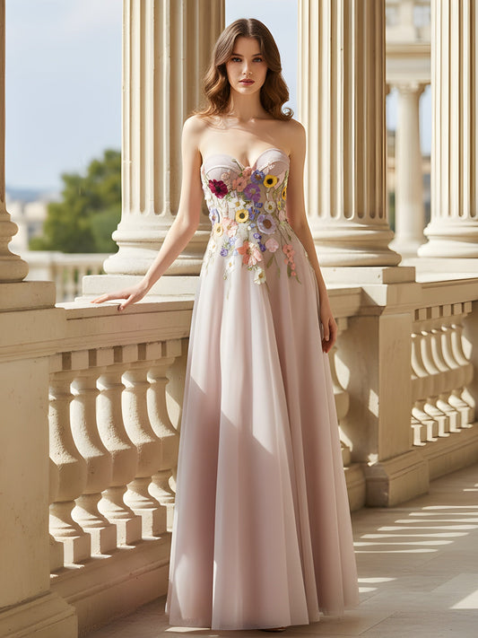 Sweetheart Neck Floral Applique A-Line Tulle Dress Dusty Rose