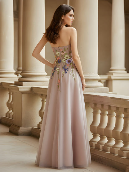 Sweetheart Neck Floral Applique A-Line Tulle Dress Dusty Rose