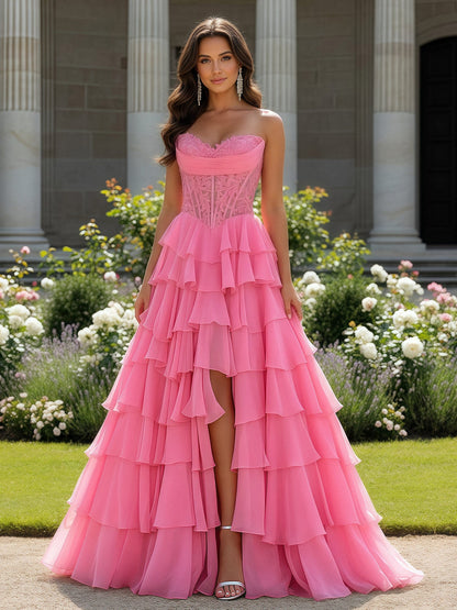 Lace Sweetheart Corset A-Line Tiered Dress With Slit Pink