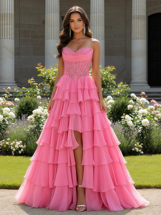 Lace Sweetheart Corset A-Line Tiered Dress With Slit Pink