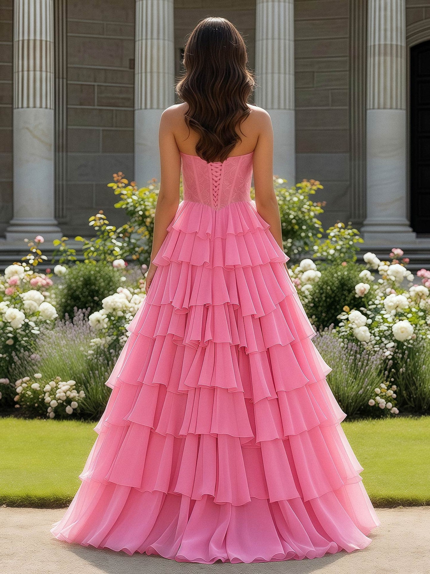 Lace Sweetheart Corset A-Line Tiered Dress With Slit Pink