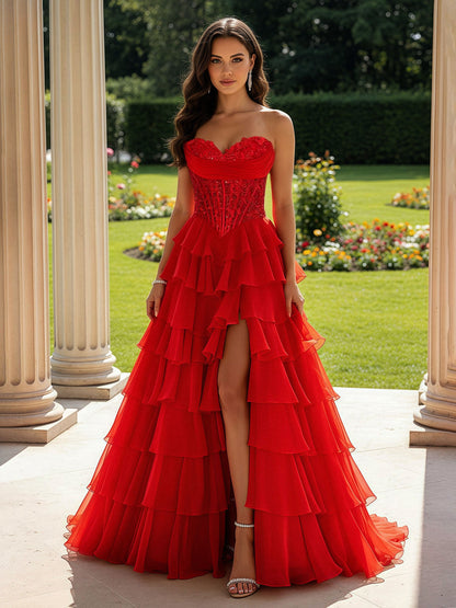 Lace Sweetheart Corset A-Line Tiered Dress With Slit Red