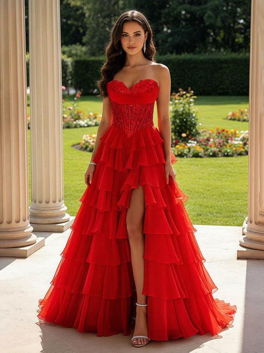 Lace Sweetheart Corset A-Line Tiered Dress With Slit Red