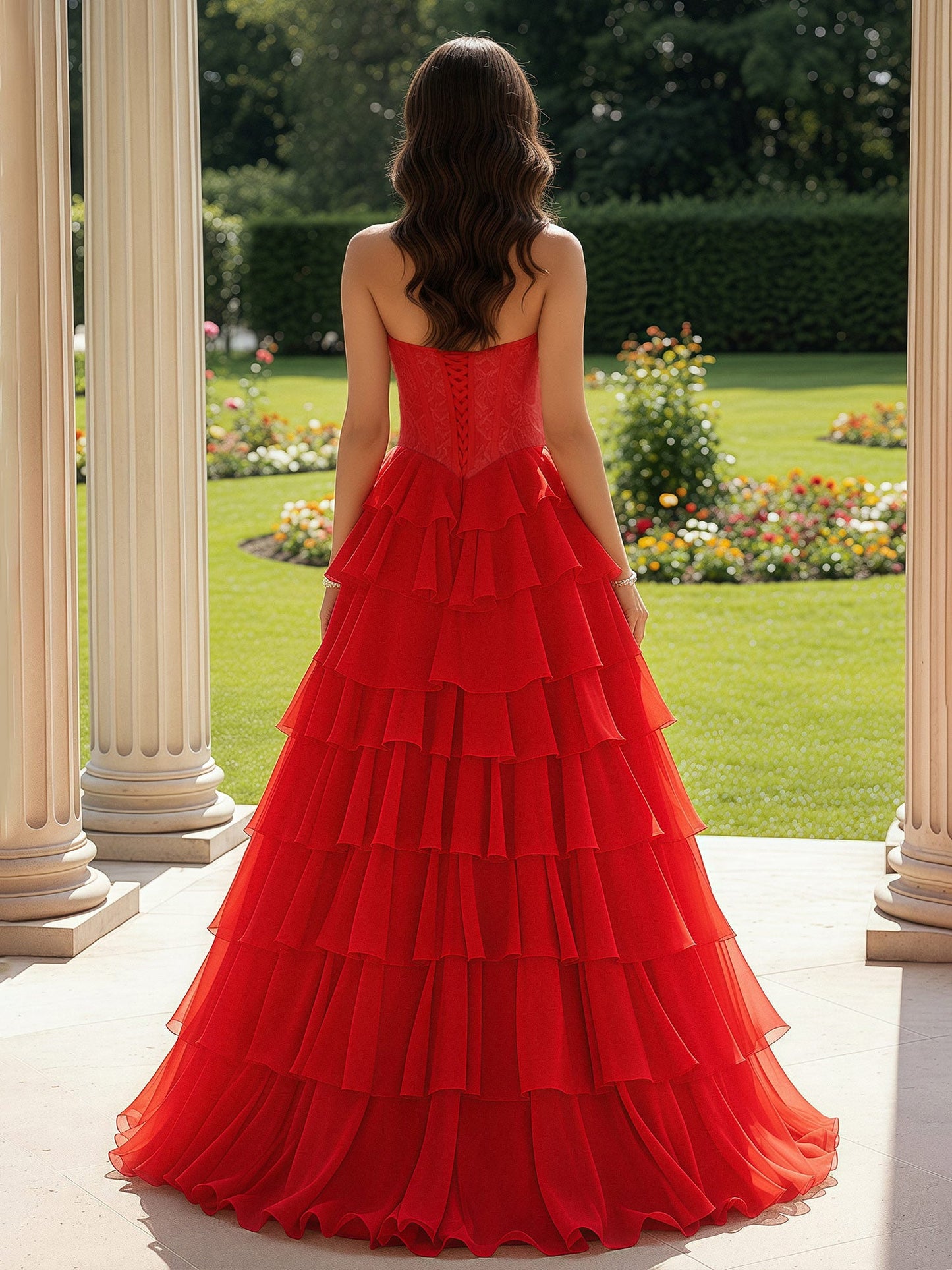 Lace Sweetheart Corset A-Line Tiered Dress With Slit Red