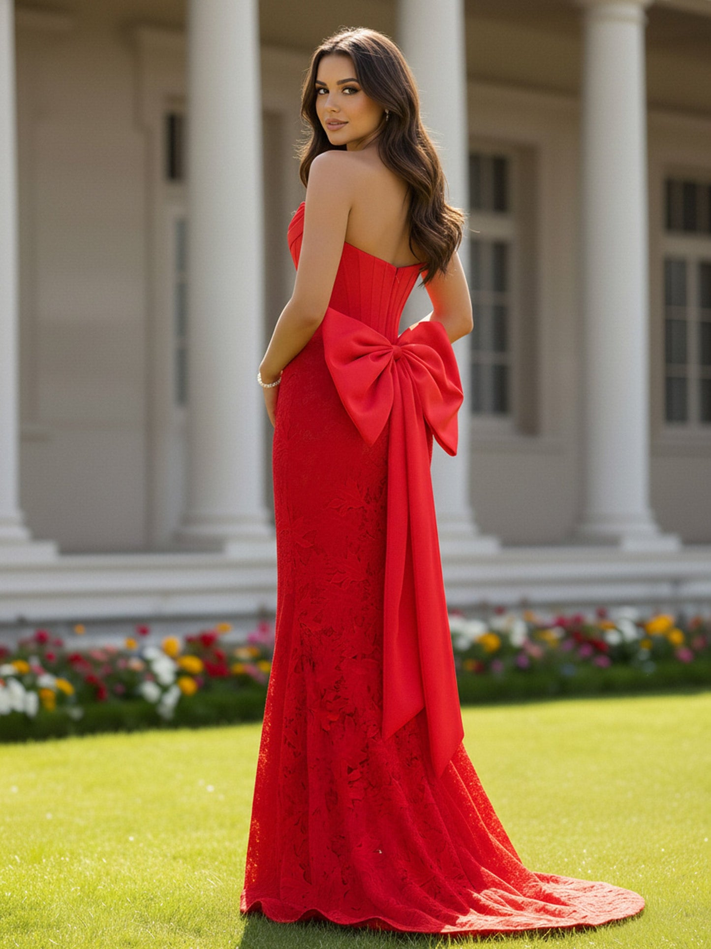 Strapless Corset Lace Bodycon Slit Dress With Bow Red