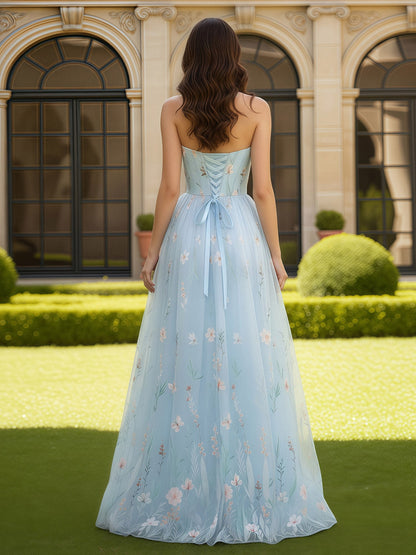 Delicate Flower A-Line Floor Length Lace-Up Tulle Dress As Picture