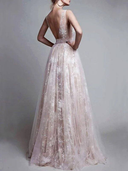A-Line/Princess V-neck Floor-Length Tulle Sleeveless Applique Dresses - RongMoon