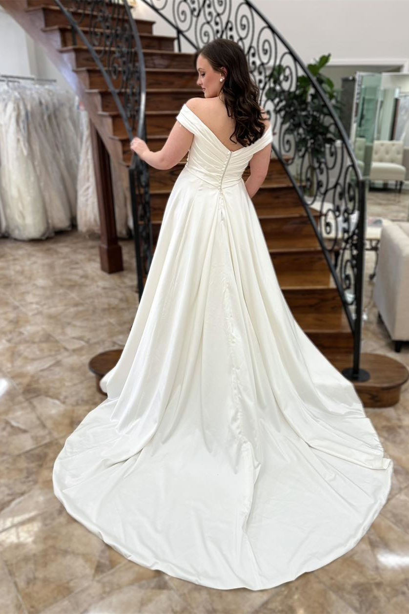 White Off-the-Shoulder Faux-Wrap Satin Long Wedding Dress