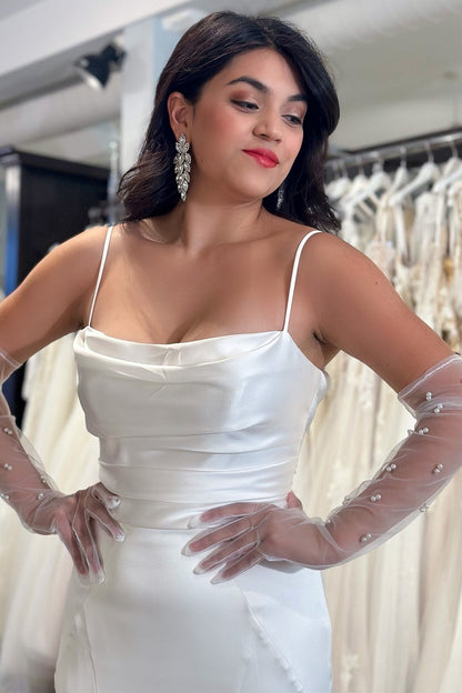 White Cowl Neck Open Back Mermaid Long Wedding Dress