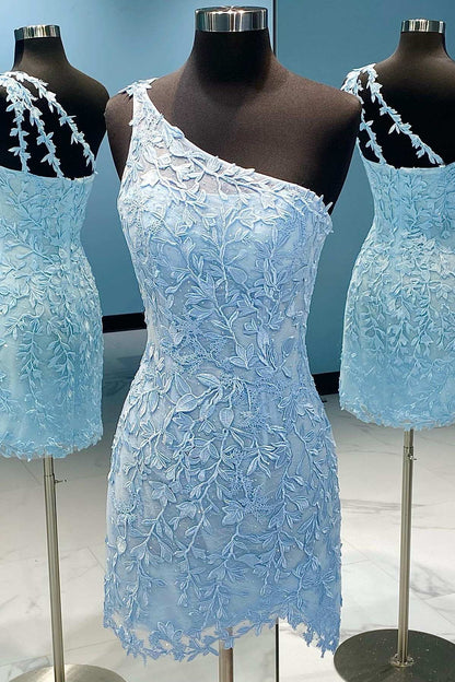 One-Shoulder White Appliques Fitted Homecoming Dress