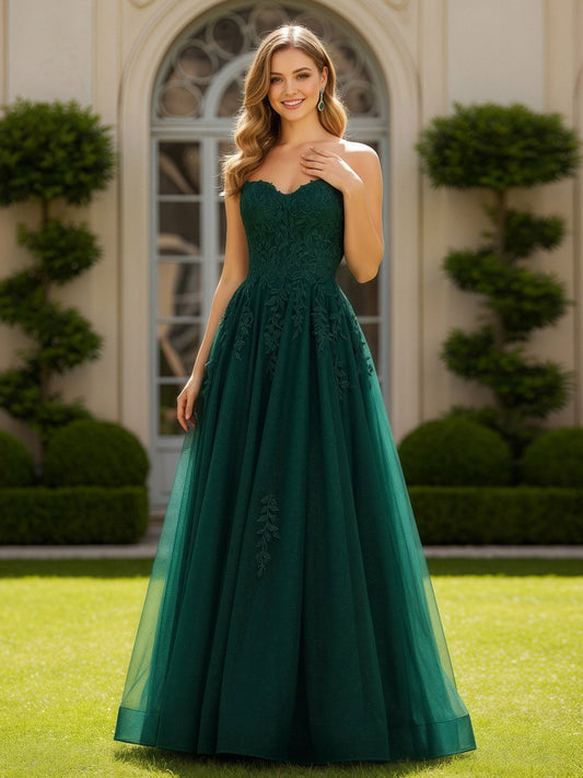 Appliqued Sweetheart A-Line Floor Length Tulle Dress Dark Green