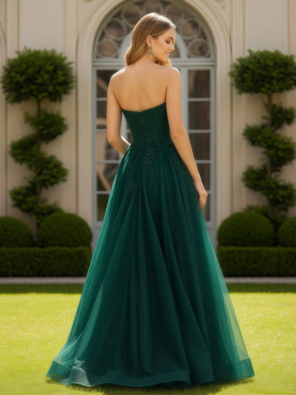 Appliqued Sweetheart A-Line Floor Length Tulle Dress Dark Green