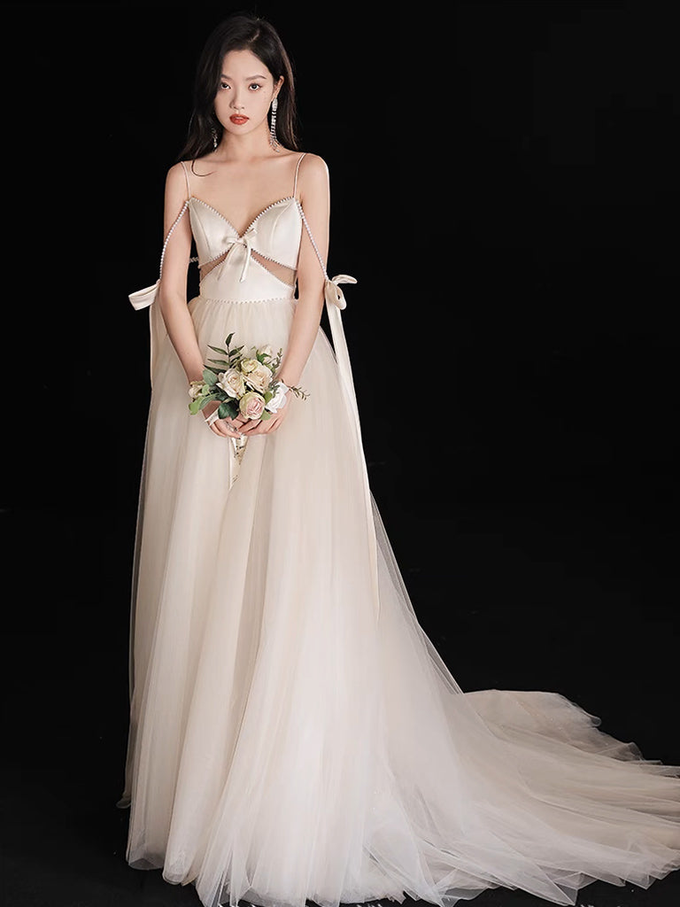A-Line Light Champagne Tulle Long Prom Dress, Champagne Formal Dress