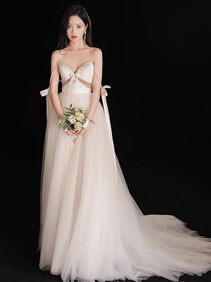 A-Line Light Champagne Tulle Long Prom Dress, Champagne Formal Dress