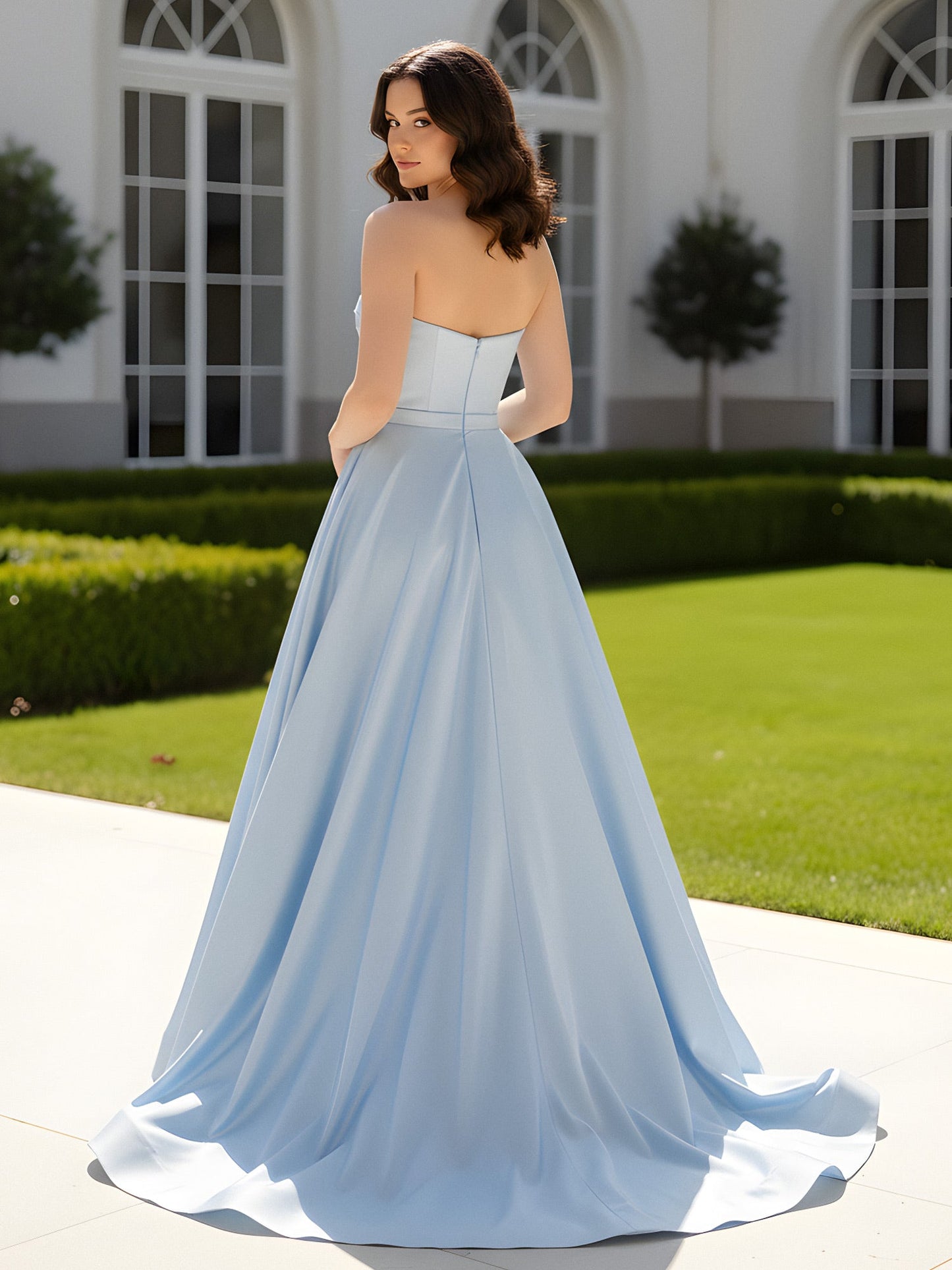 Pleated Sweetheart Satin Ball Gown With Sweep/Brush Train Sky Blue
