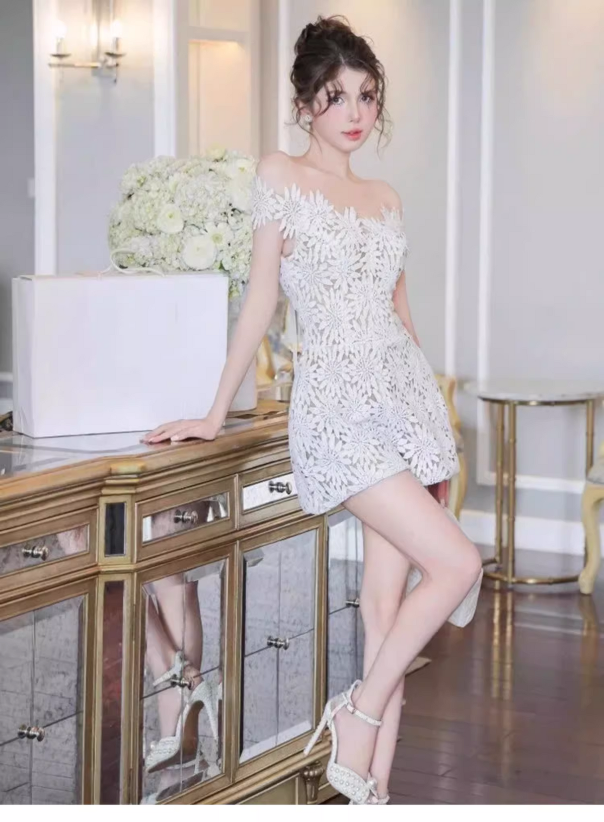 Cute White Appliqued Off-the-shoulder Design A-line Party Dress Homecoming Dress HZ1024