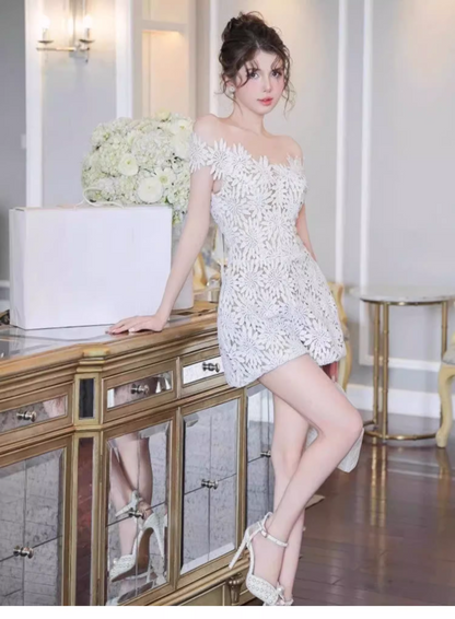 Cute White Appliqued Off-the-shoulder Design A-line Party Dress Homecoming Dress HZ1024