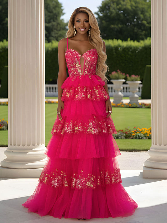 Sequins Tulle Ruffle Sweetheart Zipper A-Line Prom Dress Fuchsia
