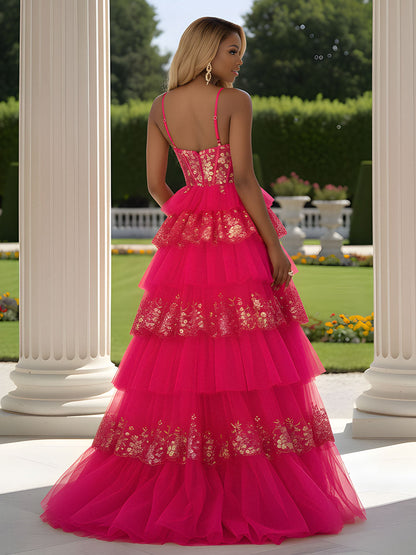 Sequins Tulle Ruffle Sweetheart Zipper A-Line Prom Dress Fuchsia