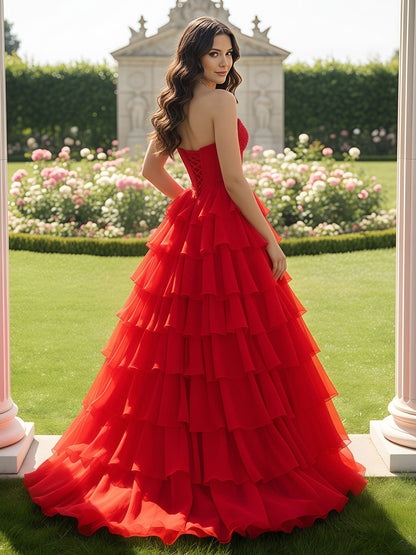 Lace-Up Strapless Slit Prom Dress With Chiffon Ruffle Red