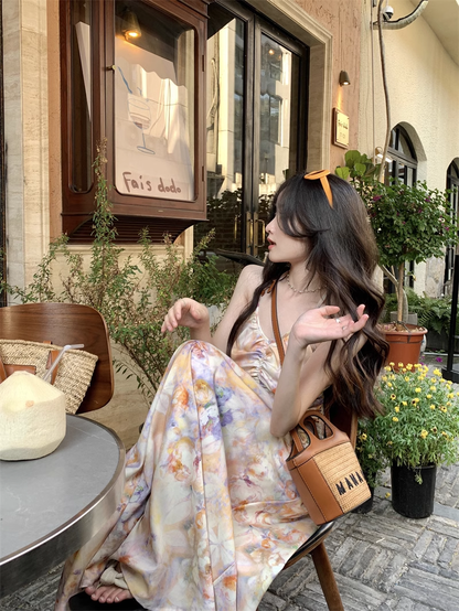 New Simple Fashion Floral Design A-Line Beach Holiday Halter Dress HZ1024